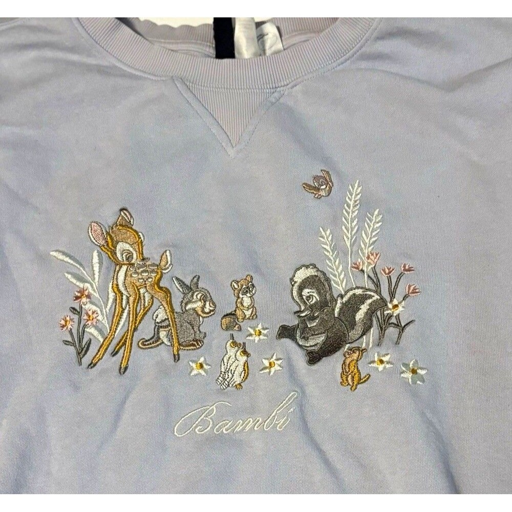 H&M Women's Light Blue Disney Bambi Embroidered Graphic Fleece Pullover M